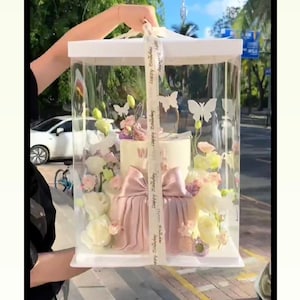 5 Sets 4 Tier Extra Tall 12.5&#39;&#39;Lx 12.5&#39;&#39;Wx 17.6&#39;&#39;H Clear Cake/Gift Boxes with Ribbon(Random Color)for Birthday,Wedding, Anniversary,Holidays