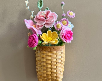 Crochet Flower Basket Wall Hanging, Handmade Woven Basket with Knitted Flowers, Home Decor, Boho Wall Art, Desk Floral Arrangement Gift