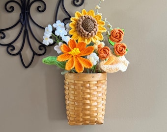 Crochet Flower Basket Wall Hanging, Handmade Woven Basket with Knitted Flowers, Home Decor, Boho Wall Art, Desk Floral Arrangement Gift