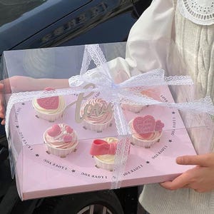 5 Pcs 6 Holes Loving Heart Clear Cupcake Muffin Boxes with Gradient Pink Inserts,Transparent Cupcake Containers for Mother’s Day,Wedding