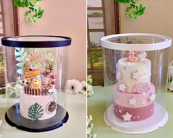 5 Sets Tall Clear Round Cake Gift Boxes 10.4"D x 13"H,for Tiered Cakes,See Through Transparent Cake Boxes,Ribbon Included,White Black