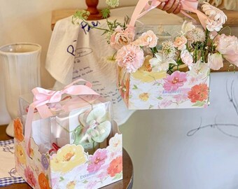 5 Sets Cake Gift Boxes with Pink Ribbon Handles | Floral Bakery Boxes | Cake Packaging | Dessert Gift Boxes | Party Favor & Treat Boxes