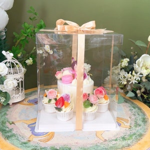 2 Sets Clear Tall Cake/Gift Boxes with Clear Lids.10.3&#39;&#39;Lx 10.3&#39;&#39;Wx 12.3&#39;&#39;H Transparent Gift Boxes for Birthday,Wedding,Holidays,3 Colors