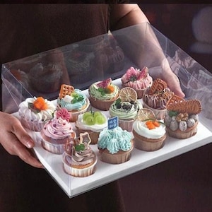 10 Sets 12 Holes Clear Cupcake/Muffin Boxes with Ribbon,Transparent Cupcake Container with White Insert for Holiday Party and Any Occasion