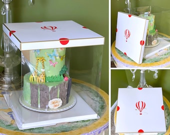 Tall Clear Cake Box with Lid and Ribbon, Balloon Pattern