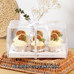 5 Sets 6 Holes Clear Cupcakes/Muffin Boxes with Ribbon,Transparent White Cupcake Container with White Cardboard Insert
