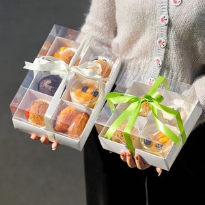 10 Sets Bakery Boxes with Clear Lids,4 Holes or 6 Holes Box for Cakes,Cupcakes,Pastries,Macarons,Donuts,Cake Rolls,Cookies,Handmade Treats