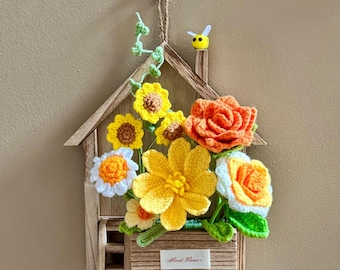 Wooden House Crochet Flower Wall Art, Desk Decor, Knitted Floral Bouquet Home Accent