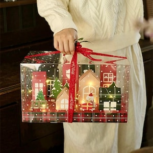 2 Sets Christmas Boxes with Clear Lids(Each Set of Box Includes 8 Pcs House Shaped Boxes,1 Sheet  Sticker)for Treats,Candy,Cookies,Gifts