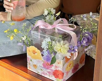 6 Sets Cake Gift Box with Pink Ribbon Handle | Floral Bakery Box | Cake Packaging Box | Dessert Gift Box | Party Favor Box | Sweet Treat Box