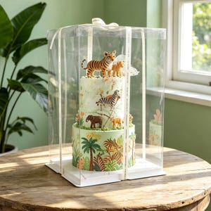 May include: A two-tier cake inside a clear plastic display box with white ribbon. The cake features light green frosting, jungle-themed illustrations of palm trees and foliage, and small animal figurines including a tiger, zebra, and elephant.