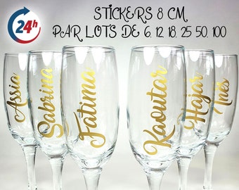 Set of 6 Personalized first name stickers for champagne flute glasses on the occasion of wedding, bachelorette party, bachelorette party, engagement, reception, New Year's Eve