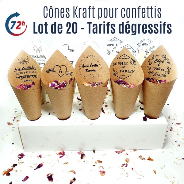 Cônes kraft personnalisés pour confettis de mariage, sortie ou entrée des mariés, cornets de papier kraft pour confettis, lot de cônes