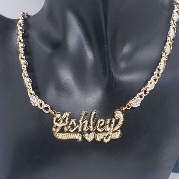 Personalized 14K Gold Plated Single Crystal CZ Plate XO Hugs n Kisses  Name Plate Necklace