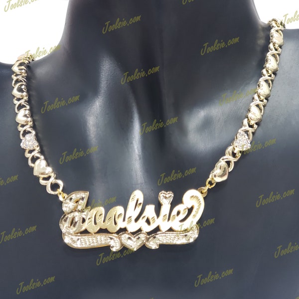 Personalized 14K Gold Plated Double Plate XO Hugs n Kisses 3D Name Necklace