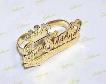 Personalized Crown Two 2 Finger Name Ring , Any name / Any size(s)