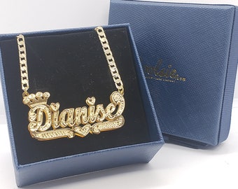 Personalized  14K Gold Plated Double Plate 3D Crown Name Necklace Classic 80s 90s Style Full Diamond Cut