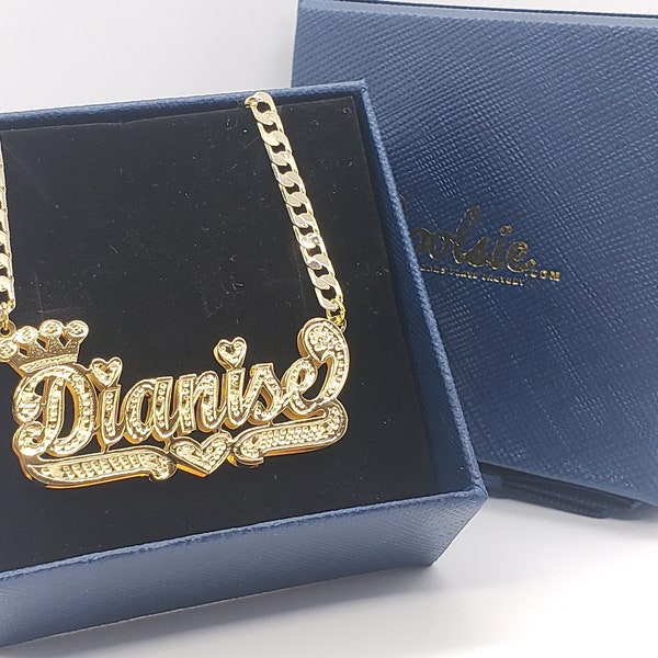 Personalizado 14K Chapado en Oro Doble Placa 3D Corona Nombre Collar Clásico 80s 90s Estilo Corte Completo diamante