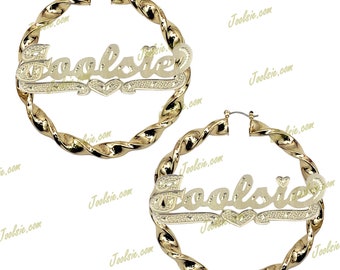 Personalized 14K Gold Plated 3:00" Large Twisted Hoops Name Earrings