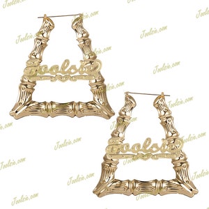 Personalized 14K Gold Plated Large Triangle Door Knockers  Bamboo Name Hoop Earrings