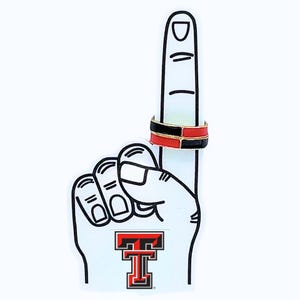 May include: A white foam hand with a raised index finger, outlined in black. A ring with black and red stripes is on the finger. The hand has the Texas Tech logo at the base.