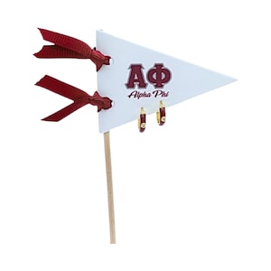 Alpha Phi Maroon Huggie Hoops on A Phi Pennant Flag