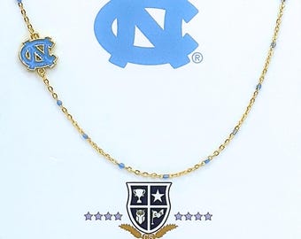 University of North Carolina Necklace: Side Set UNC Logo on Light Blue Enamel Bead Necklace.