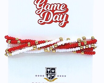 Game Day Team Colors: Set of 6 Stretch Bracelets- Red/White