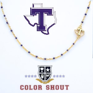 May include: A gold chain necklace with purple beads and a gold charm in the shape of the letter "T" with wings. The charm is on the right side of the necklace. The necklace is on a white background with a purple "T" in a Texas shape and a shield with a star, owl, and flag.