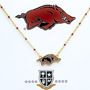 The Arkansas Razorbacks Necklace: Side Set Razorback on Cardinal Red Enamel Bead Necklace. WPS!