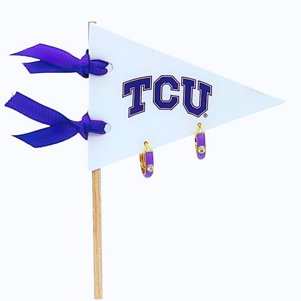 TCU Purple Huggie Hoop Earring on TCU Pennant Flag