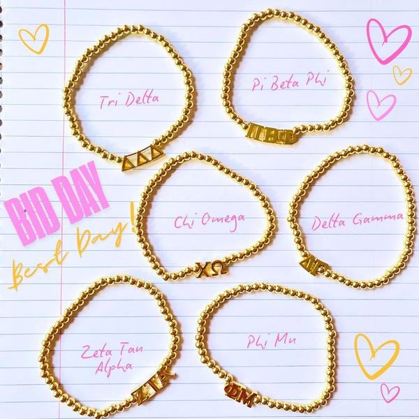 Sorority Gold Beaded Bracelet with Greek Letters on Stretch Cord