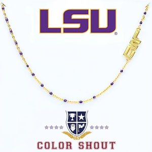 The Louisiana State University Necklace: Side Set LSULogo on Purple Enamel Bead Necklace. Go Tigers!