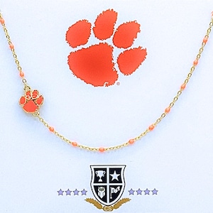 The Clemson University Necklace: Side Set Tiger Paw on Orange Enamel Bead Necklace