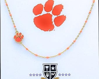 The Clemson University Necklace: Side Set Tiger Paw on Orange Enamel Bead Necklace
