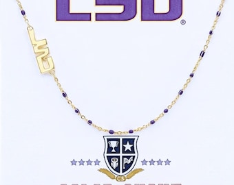 The Louisiana State University Necklace: Side Set LSU Logo on Purple Enamel Bead Necklace. Go Tigers!