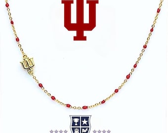The Indiana University Necklace: Side Set Indiana Trident Logo on Crimson Red Enamel Bead Necklace. Go Hoosiers!