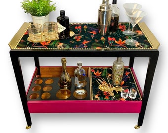 Cocktail/ Drinks Trolley, Professionally Upcycled, Botanical & Birds Print (Cocktail, Drinks, Gin Cabinet Bar)