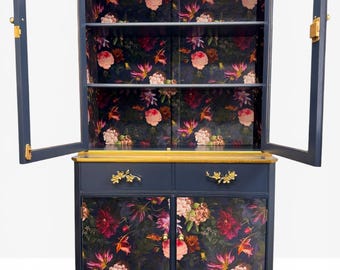 Bespoke Large Display or Drinks Cabinet Professionally Refinished in Mid Blue with Velvet Floral and Ornate Floral Gold Handles
