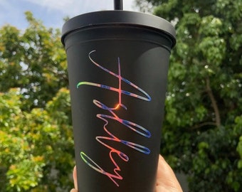 Matte Black Personalized tumbler with holographic name - 16oz cup with straw - Double Wall-Acrylic- BPA Free - Coffee Cup- Birthday present