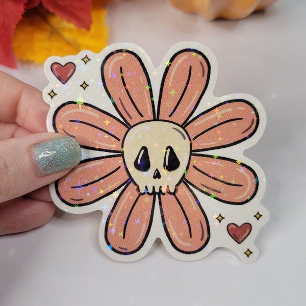 Skull Flower Sticker Water Proof Decal Girly Gift Spooky Cute Creepy Laptop Bottle Hearts Hydroflask Notebook Pink Skeleton Tumbler Fun Emo