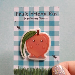 Peach Pin Cute Fruit Button Kid Core Fun Back Pack Bag Cardigan Gift Hand Made Plastic Adorable Fashion Jacket Purse Durable Tote Home Fun