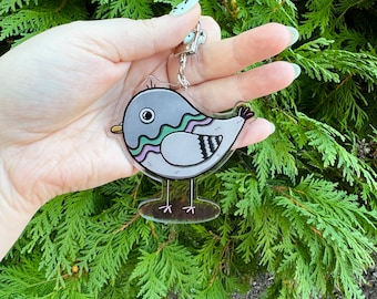 Pigeon Acrylic Key Chain Charm Clip Clasp Plastic Lightweight Bird Cute Adorable Animal Gift Queer Meme Funny Backpack Purse Critter Chubby