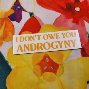 May include: White sticker with the text "I don't owe you androgyny" in orange letters on a floral background.