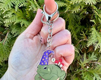 Frog Wizard Acrylic Keychain Clip Ring Plastic Lightweight Toad Cute Mushrooms Cottagecore Nature Whimsigoth Witchy Spooky Green Fun Witch