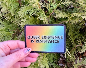 Queer Existence is Resistance Adhesive Patch Sew On Statement Leftist Bag Jacket Coat Hand Made Home Rainbow Sublimation Iron Liberal LGBTQ