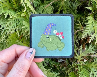 Frog Wizard Adhesive Patch Sew On Statement Bag Jacket Coat Hand Made Home Sublimation Toad Warlock Green Cottagecore Cozy Mushrooms Magic