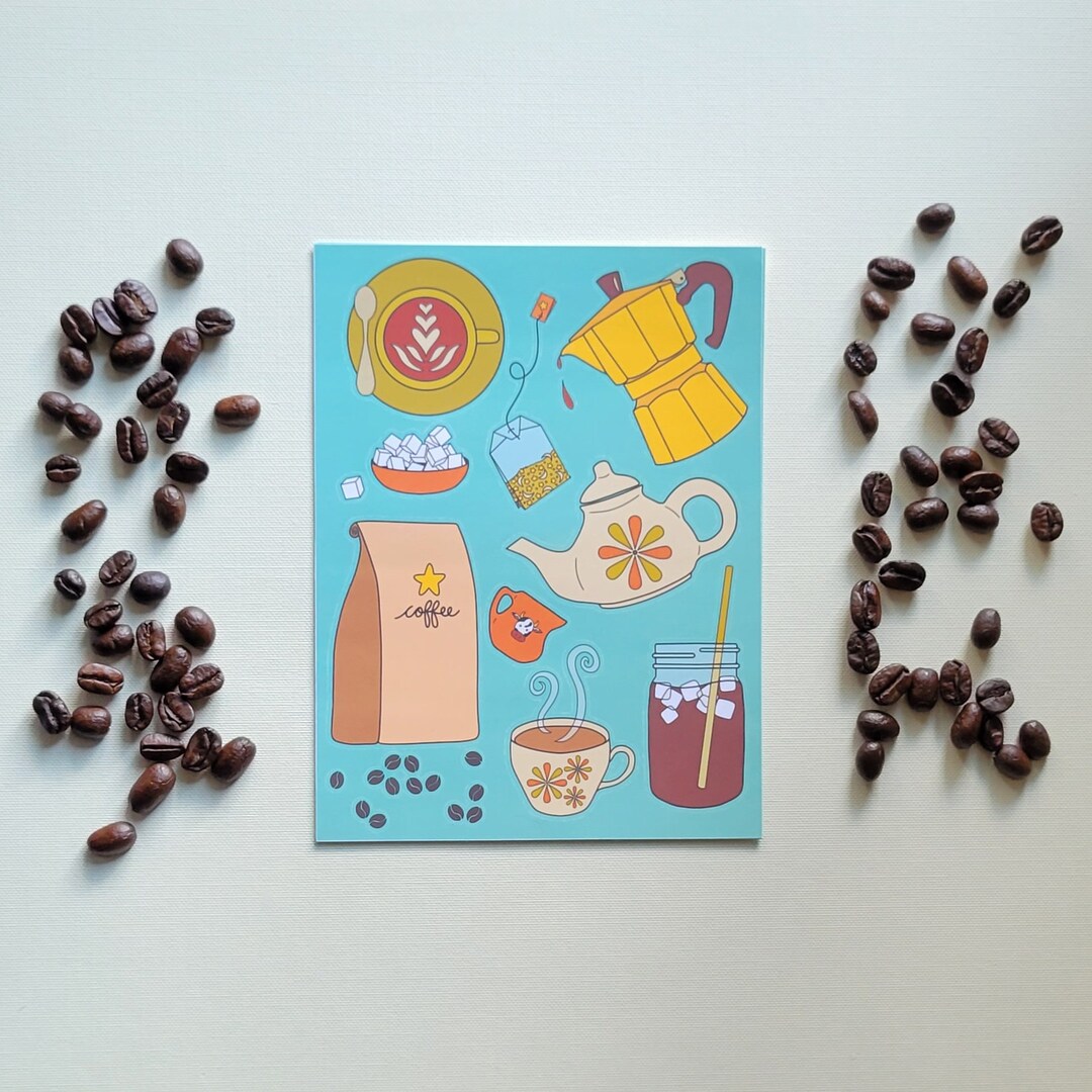 Vintage Coffee & Tea Time Sticker Sheet 60s 70s Lover Set Pot Cup Cute ...