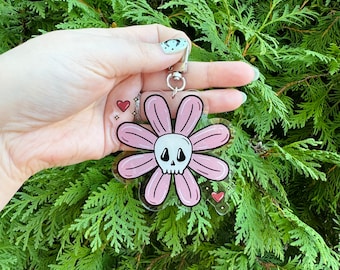Skull Flower Acrylic Key Chain Charm Clip Ring Plastic Lightweight Clown Girly Pastel Emo Clasp Cute Creepy Spooky Halloween Pink Hearts