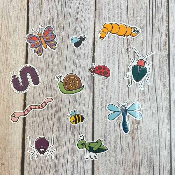 Bunch of Bugs Sticker Pack Set Cute Cartoon Kids Gift Water Proof Bottle Bug Bee Fly Grasshopper Beetle Ladybug Butterfly Nature Forest Fun